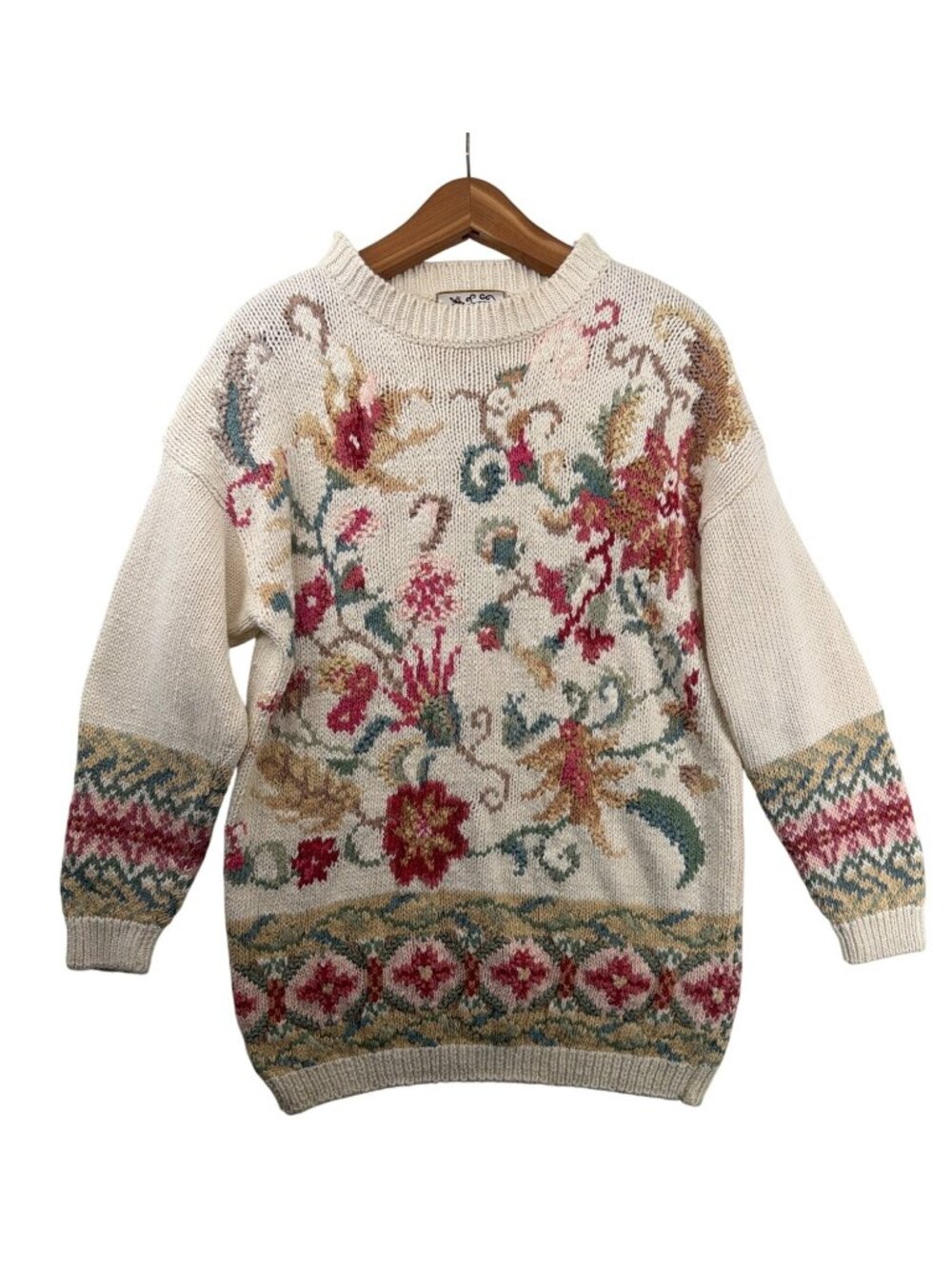 Vtg Heirloom Collectibles Womens Sweater M Cream Floral CottageCore LongLine 90s